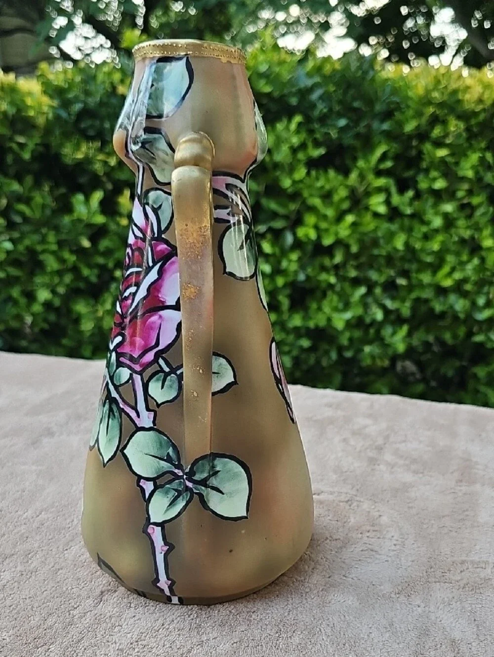 Nippon - Art Nouveau-Style Gold Floral Ceramic Vase with Pink Roses